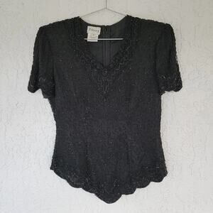 Stenay Vintage Beaded Silk Blouse Black Short Sleeve V Neck Women Size S